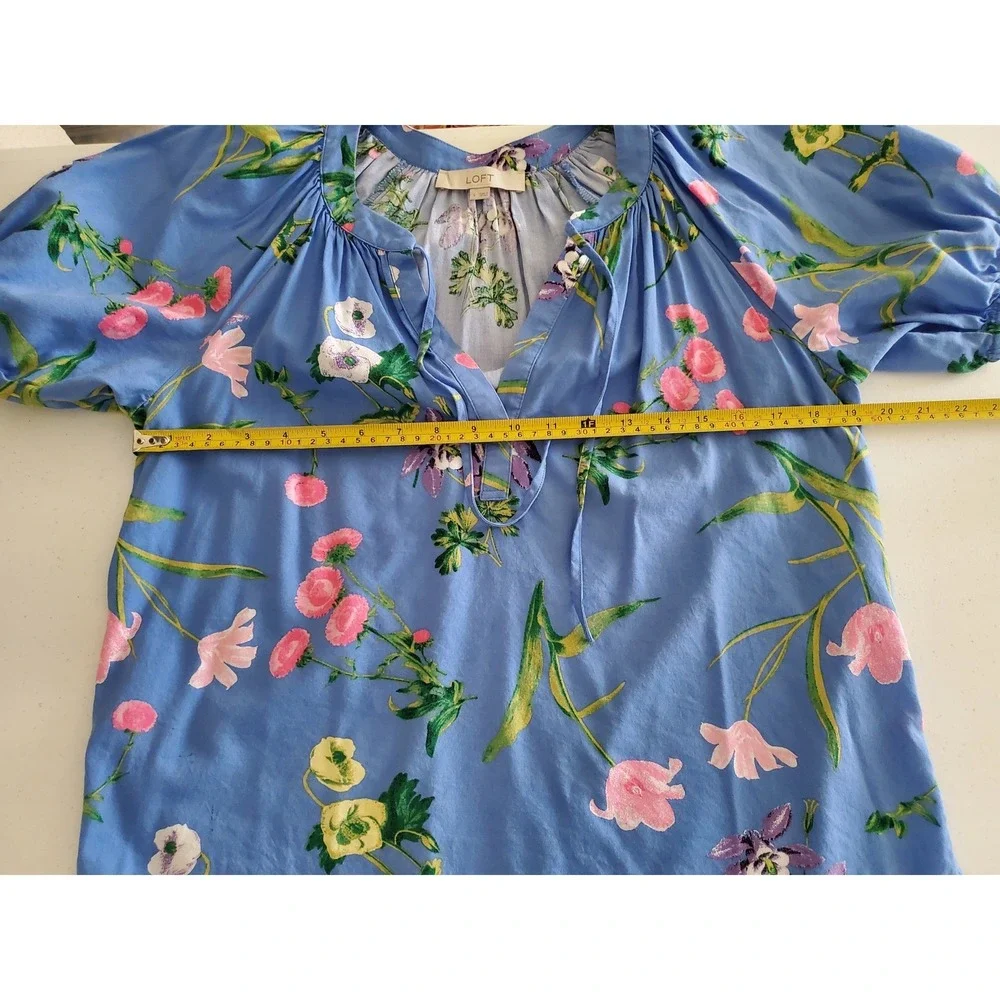 LOFT Womens Blue Floral Puff Short Sleeve Split Tie‎ Neck Cotton Blouse Small